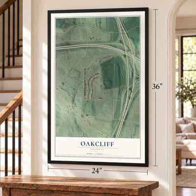Oakcliff, Georgia map, 24 x 36 inch print in a black frame by a staircase