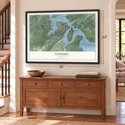 Vonore, Tennessee map, 24 x 36 inch print in a black frame above a dresser by a staircase