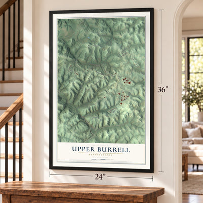 Upper Burrell, Pennsylvania map, 24 x 36 inch print in a black frame by a staircase