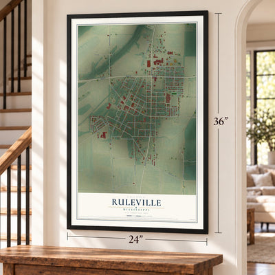 Ruleville, Mississippi map, 24 x 36 inch print in a black frame by a staircase
