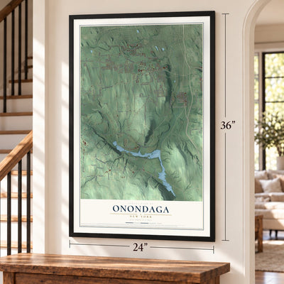 Onondaga, New York map, 24 x 36 inch print in a black frame by a staircase