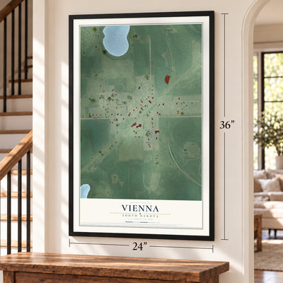 Vienna, South Dakota map, 24 x 36 inch print in a black frame by a staircase