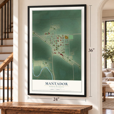 Mantador, North Dakota map, 24 x 36 inch print in a black frame by a staircase