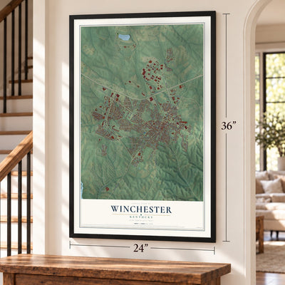 Winchester, Kentucky map, 24 x 36 inch print in a black frame by a staircase