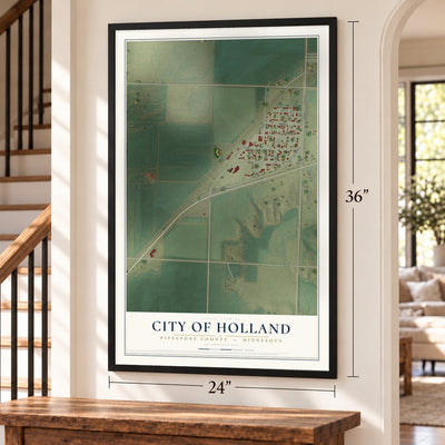 Holland, Minnesota map, 24 x 36 inch print in a black frame by a staircase