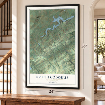 North Codorus, Pennsylvania map, 24 x 36 inch print in a black frame by a staircase