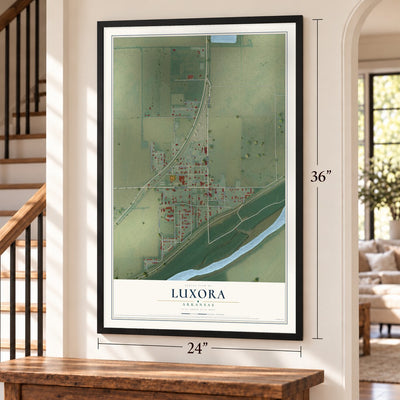 Luxora, Arkansas map, 24 x 36 inch print in a black frame by a staircase