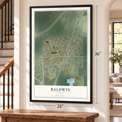 Baldwin, Florida map, 24 x 36 inch print in a black frame by a staircase