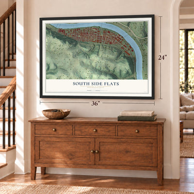 South Side Flats, Pennsylvania map, 24 x 36 inch print in a black frame above a dresser by a staircase