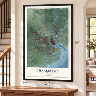Charleston, South Carolina map, 24 x 36 inch print in a black frame by a staircase