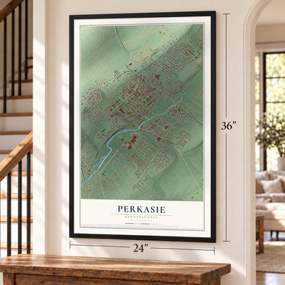 Perkasie, Pennsylvania map, 24 x 36 inch print in a black frame by a staircase