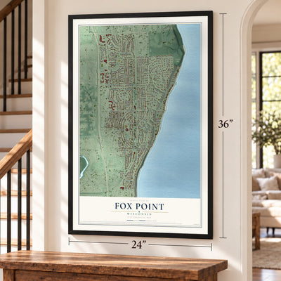 Fox Point, Wisconsin map, 24 x 36 inch print in a black frame by a staircase