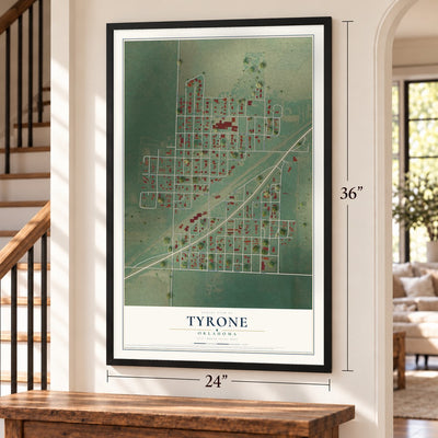 Tyrone, Oklahoma map, 24 x 36 inch print in a black frame by a staircase