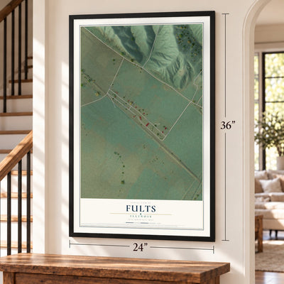 Fults, Illinois map, 24 x 36 inch print in a black frame by a staircase