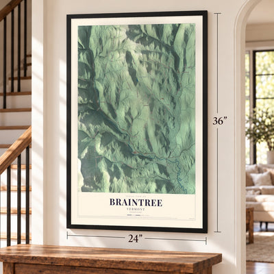 Braintree, Vermont map, 24 x 36 inch print in a black frame by a staircase