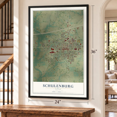 Schulenburg, Texas map, 24 x 36 inch print in a black frame by a staircase
