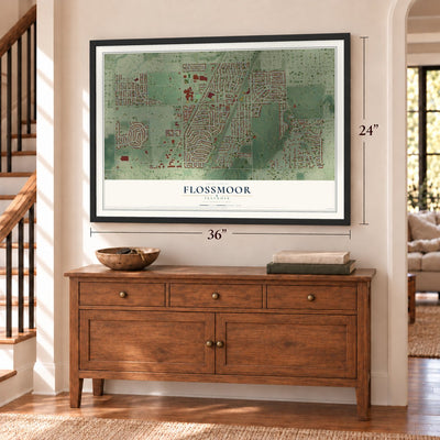Flossmoor, Illinois map, 24 x 36 inch print in a black frame above a dresser by a staircase