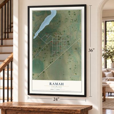 Ramah, Colorado map, 24 x 36 inch print in a black frame by a staircase