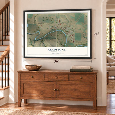 Gladstone, North Dakota map, 24 x 36 inch print in a black frame above a dresser by a staircase