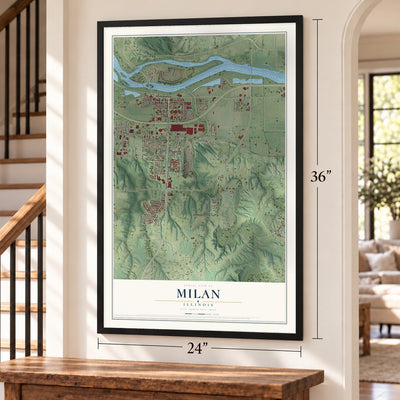 Milan, Illinois map, 24 x 36 inch print in a black frame by a staircase
