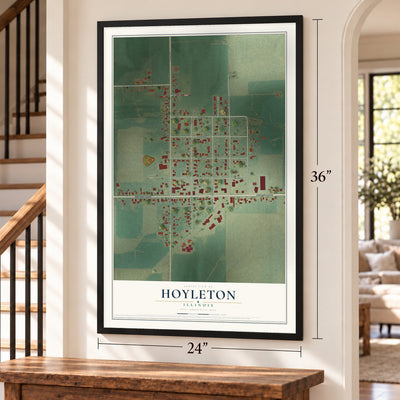 Hoyleton, Illinois map, 24 x 36 inch print in a black frame by a staircase