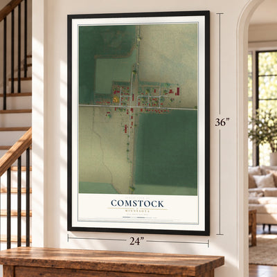 Comstock, Minnesota map, 24 x 36 inch print in a black frame by a staircase