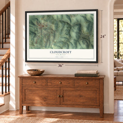 Cloudcroft, New Mexico map, 24 x 36 inch print in a black frame above a dresser by a staircase