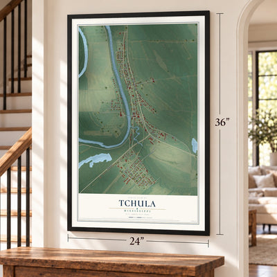 Tchula, Mississippi map, 24 x 36 inch print in a black frame by a staircase