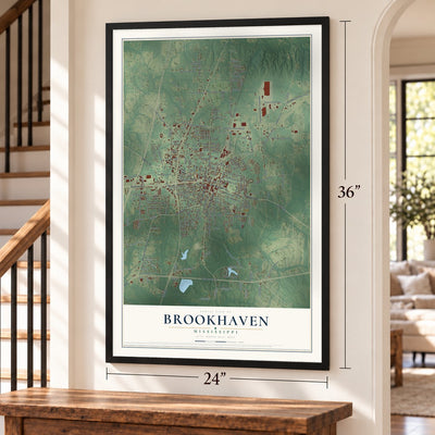 Brookhaven, Mississippi map, 24 x 36 inch print in a black frame by a staircase