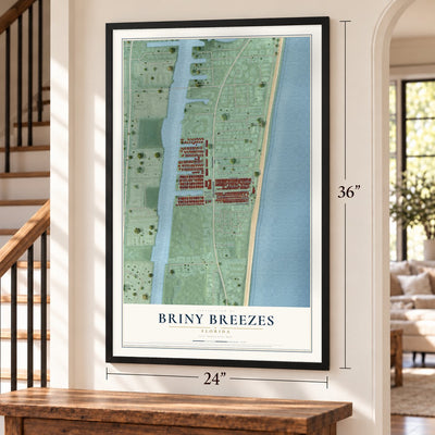 Briny Breezes, Florida map, 24 x 36 inch print in a black frame by a staircase