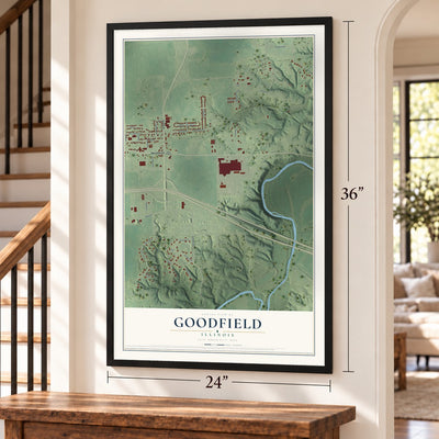 Goodfield, Illinois map, 24 x 36 inch print in a black frame by a staircase