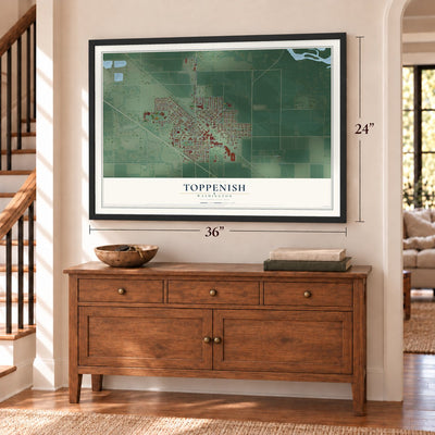 Toppenish, Washington map, 24 x 36 inch print in a black frame above a dresser by a staircase