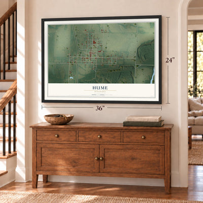 Hume, Missouri map, 24 x 36 inch print in a black frame above a dresser by a staircase