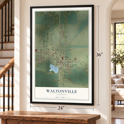 Waltonville, Illinois map, 24 x 36 inch print in a black frame by a staircase