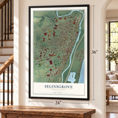 Selinsgrove, Pennsylvania map, 24 x 36 inch print in a black frame by a staircase