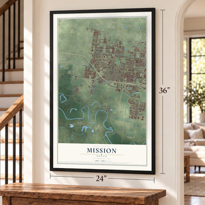 Mission, Texas map, 24 x 36 inch print in a black frame by a staircase
