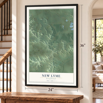 New Lyme, Wisconsin map, 24 x 36 inch print in a black frame by a staircase