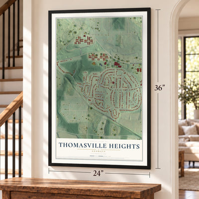 Thomasville Heights, Georgia map, 24 x 36 inch print in a black frame by a staircase