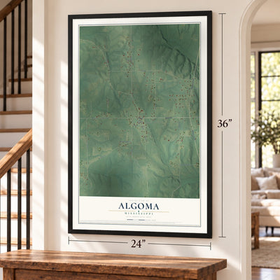 Algoma, Mississippi map, 24 x 36 inch print in a black frame by a staircase