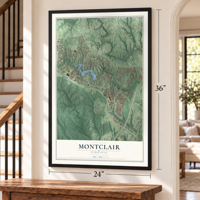 Montclair, Virginia map, 24 x 36 inch print in a black frame by a staircase