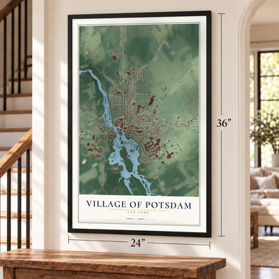 Village of Potsdam, New York map, 24 x 36 inch print in a black frame by a staircase