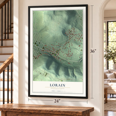Lorain, Pennsylvania map, 24 x 36 inch print in a black frame by a staircase