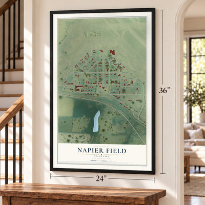 Napier Field, Alabama map, 24 x 36 inch print in a black frame by a staircase