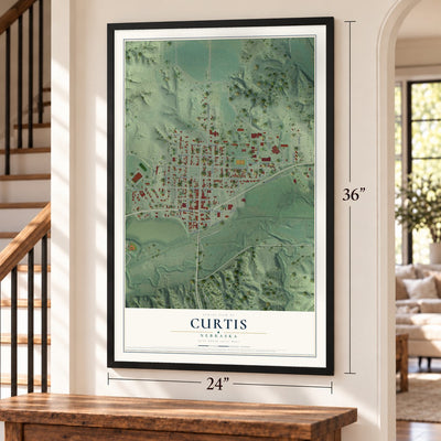 Curtis, Nebraska map, 24 x 36 inch print in a black frame by a staircase