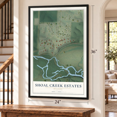 Shoal Creek Estates, Missouri map, 24 x 36 inch print in a black frame by a staircase