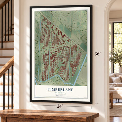 Timberlane, Louisiana map, 24 x 36 inch print in a black frame by a staircase