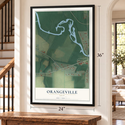 Orangeville, Ohio map, 24 x 36 inch print in a black frame by a staircase