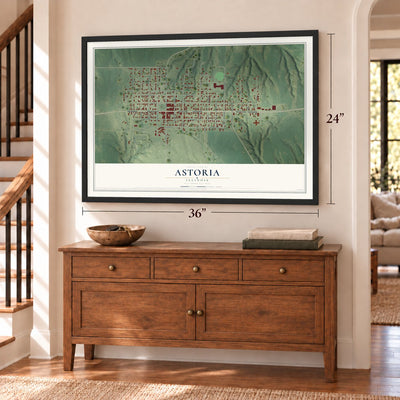 Astoria, Illinois map, 24 x 36 inch print in a black frame above a dresser by a staircase
