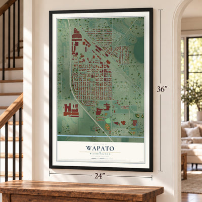 Wapato, Washington map, 24 x 36 inch print in a black frame by a staircase