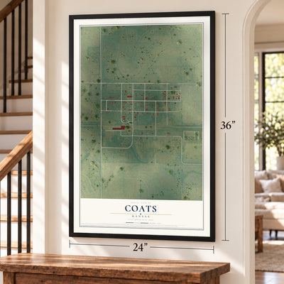 Coats, Kansas map, 24 x 36 inch print in a black frame by a staircase